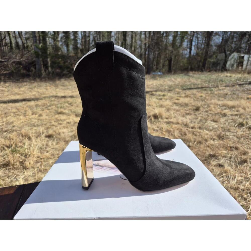 Jessica Simpson Xovira Bootie Gold Heel Black Leather Boot Women's Sz 6.5 NEW - Picture 2 of 5